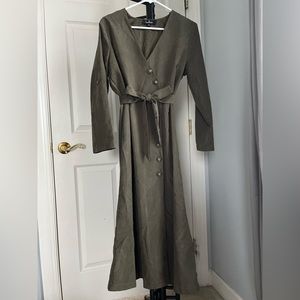 Lulu’s - Pull Me Close Olive Suede Button-Up Midi Dress, Preppy, Academia